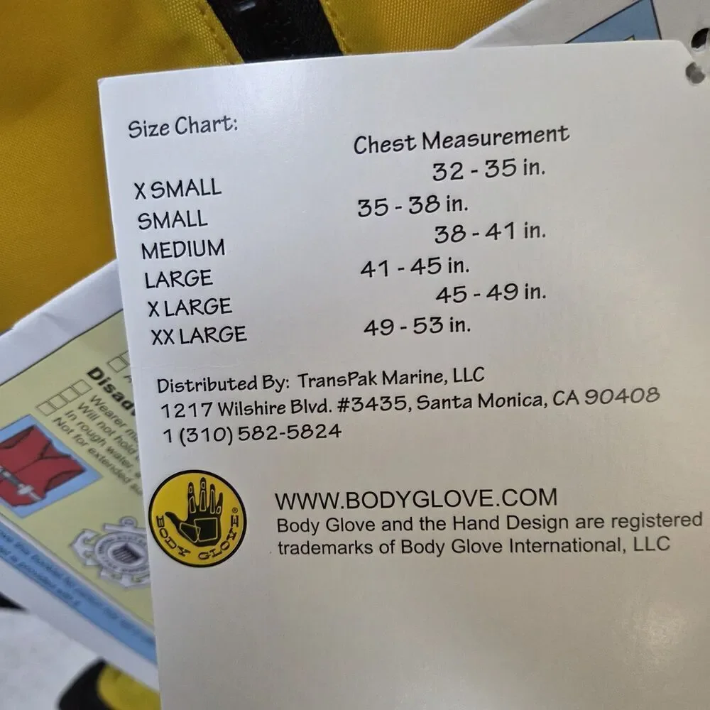 Body Glove Stay Afloat Coat Life Jacket Size XXL Type III PFD Yellow